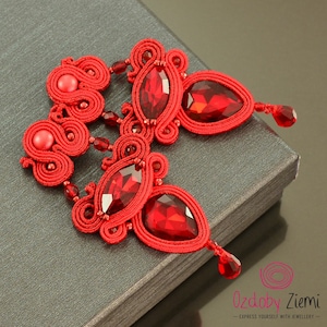 Valentine&#39;s gift, Deep red soutache earrings, glossy fancy earrings with red crystals, long red dangle earrings, very lightweight