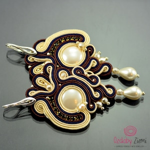 Long statement beige earrings, creamy brown soutache earrings, creamy brown earrings, long earrings with pearls, impress bridal earrings