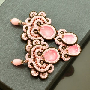 Long pink brown chandelier earrings, big pink soutache earrings, unique sparkling earrings, crystal pink earrings, long glossy pink earrings