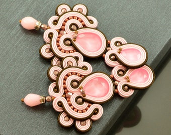 Long pink brown chandelier earrings, big pink soutache earrings, unique sparkling earrings, crystal pink earrings, long glossy pink earrings