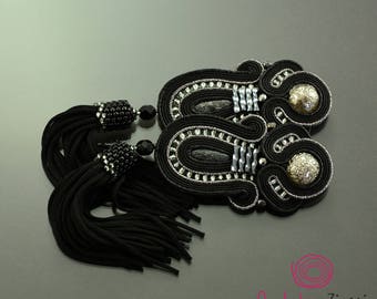 Unique Gift! black long tassel earrings, soutache earrings with fringes, elegant black tassel earrings, evening style earrings,