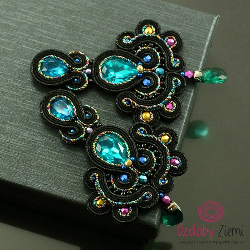 Clip-on Long Black Teal popular Soutache Earrings, Black Rainbow Chandelier Earrings, Evening Earrings, Long Glossy Crystal Earrings, spring jewelry