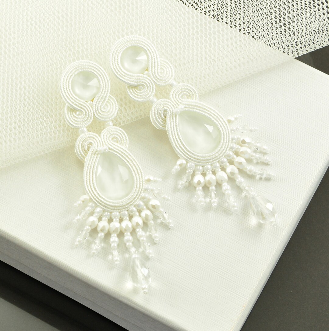 Bridal Pure White Earrings, White Chandelier Earrings, White Soutache ...