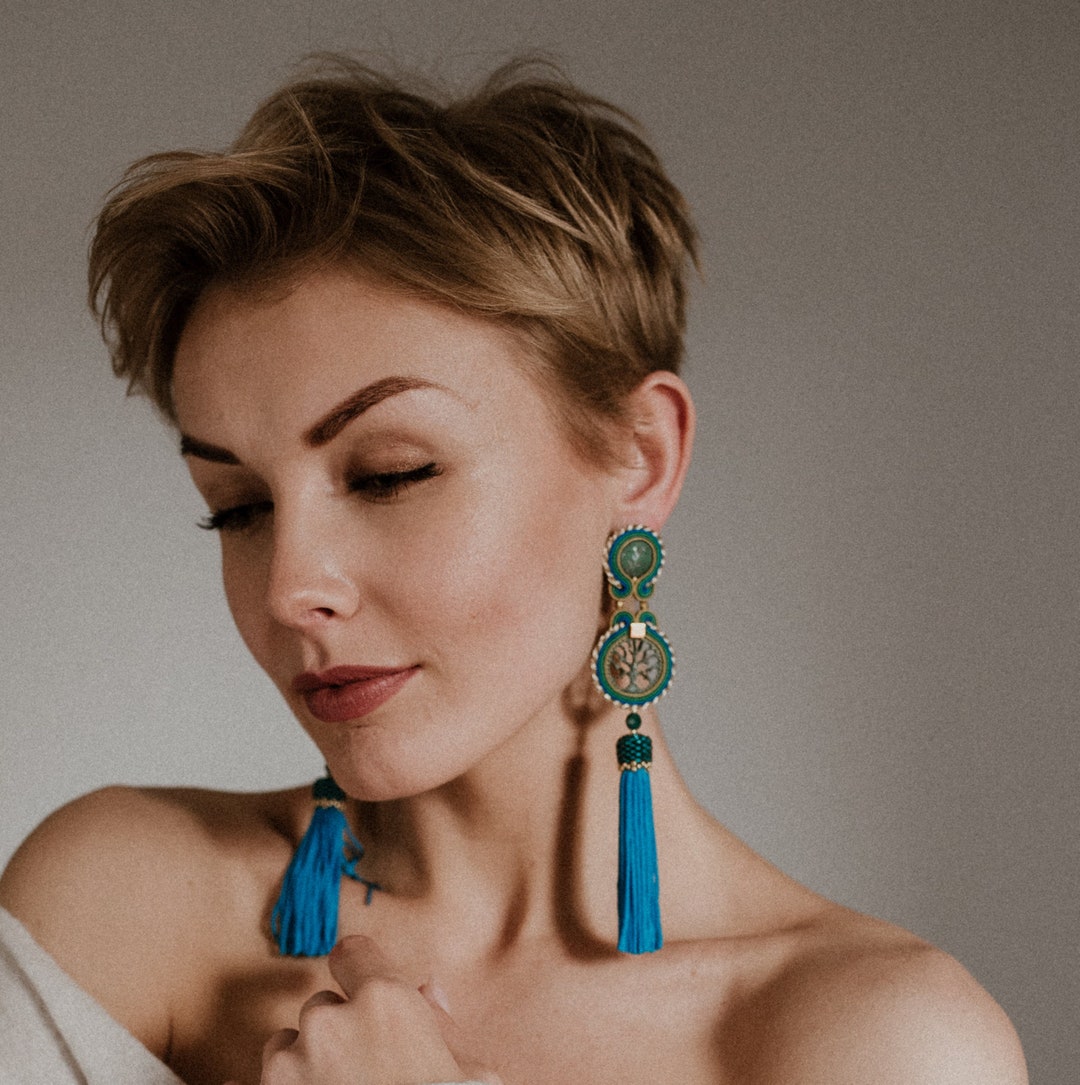 Green Gold Tassel Earrings, Long Turquoise Tassel, Big Unique Earrings