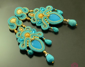 Turquoise gold long chandelier earrings, turquoise gold glow soutache earrings, long bohemian earrings, unique crystal earrings for evening