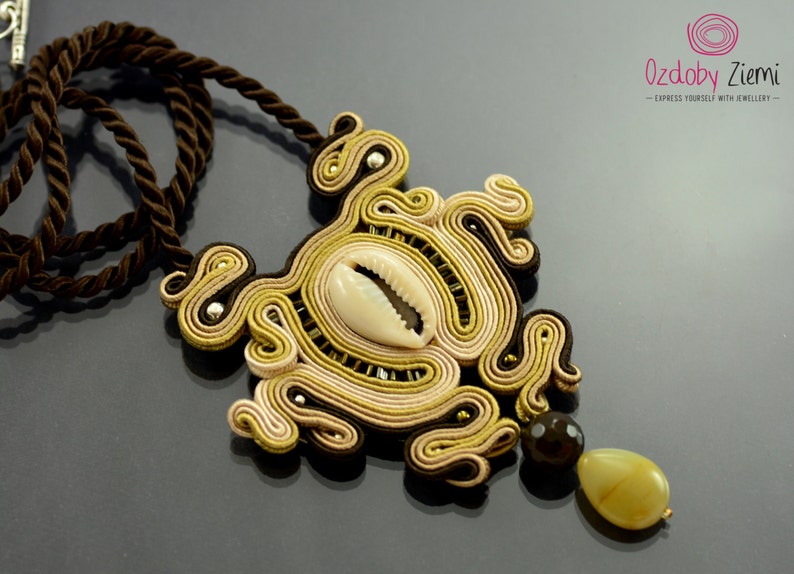gold jade necklace necklace with shell long beige pendant brown gold necklace delicate bohemian necklace Beige gold soutache necklace