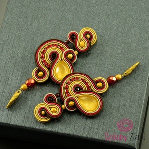 Long yellow red earrings, yellow crystal earrings, bohemian red brown dangle earrings, soutache earrings, yellow gold red gipsy earrings