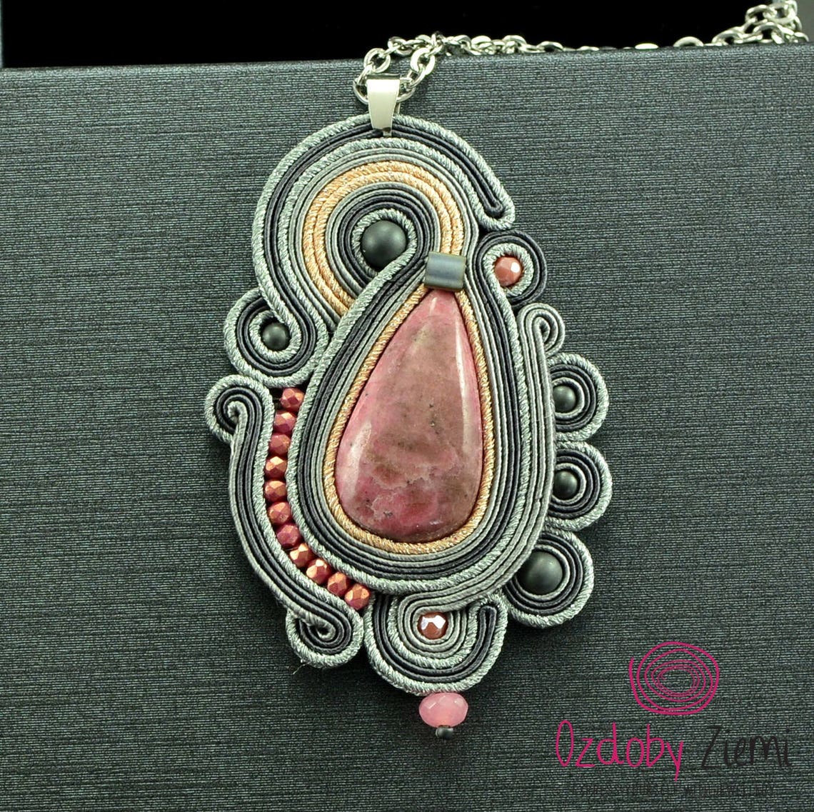 Gray Pink Rhodonite Soutache Necklace, Pink Gemstone Necklace, Handmade ...