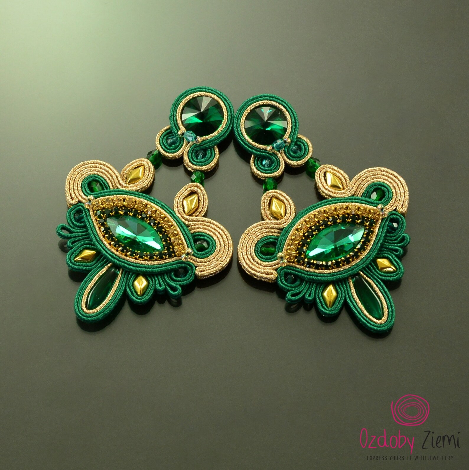 Emerald Green Gold Chandelier Earrings Green Glossy Soutache Etsy