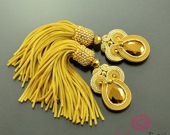 Gold tassel earrings, gold fringe earrings, gold crystal soutache earrings, gold extravagant earrings, long old gold boho earrings, unique