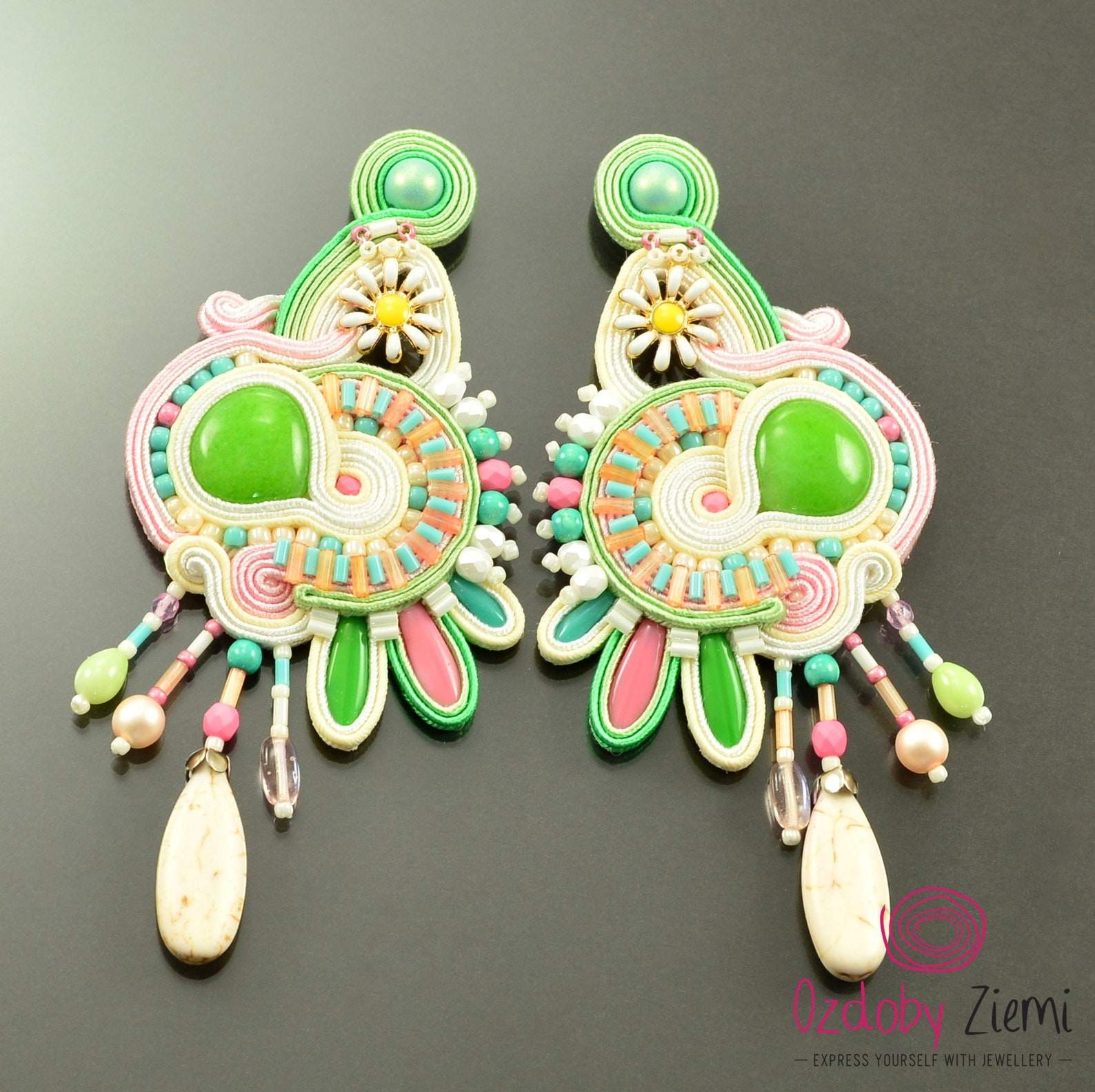 Big pastel statement earrings creamy green and pink earrings Etsy