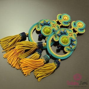 Very long teal gold statement soutache earrings with three tassels, spectacular and unique earrings, green gold oversized tassels earrings