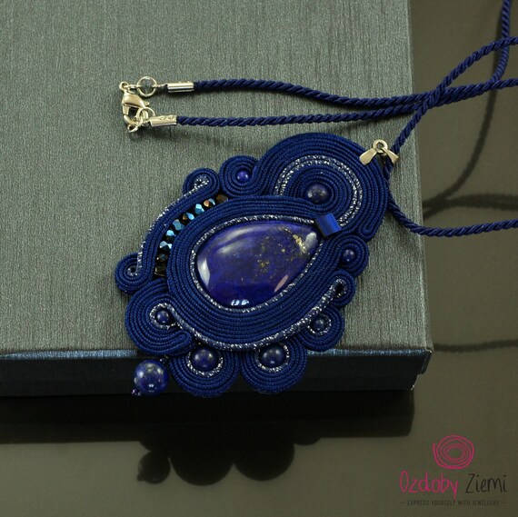 Buy Long Navy Blue Soutache Necklace Lapis Lazuli Necklace Long
