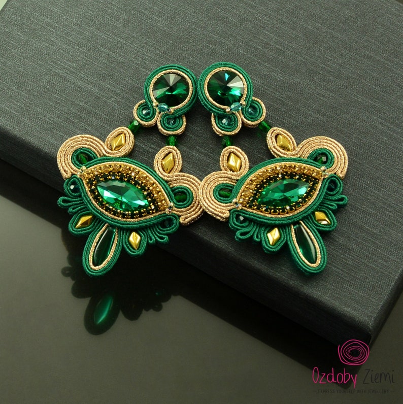 Emerald Green Gold Chandelier Earrings Green Glossy Soutache Etsy