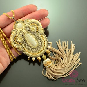 Beige gold tassel necklace, long beige fringe necklace, beige soutache necklace with tassels, long beige boho necklace, long tassel necklace