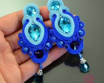 Big blue cobalt earrings, cobalt blue soutache earrings, crystal blue chandelier earrings, shine dangle earrings, blue statement earrings