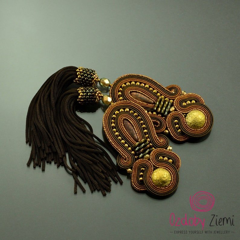 Bollywood brown and gold tassel earrings, long soutache earrings with brown tassels, big boho earrings, large gipsy brown earrings image 3