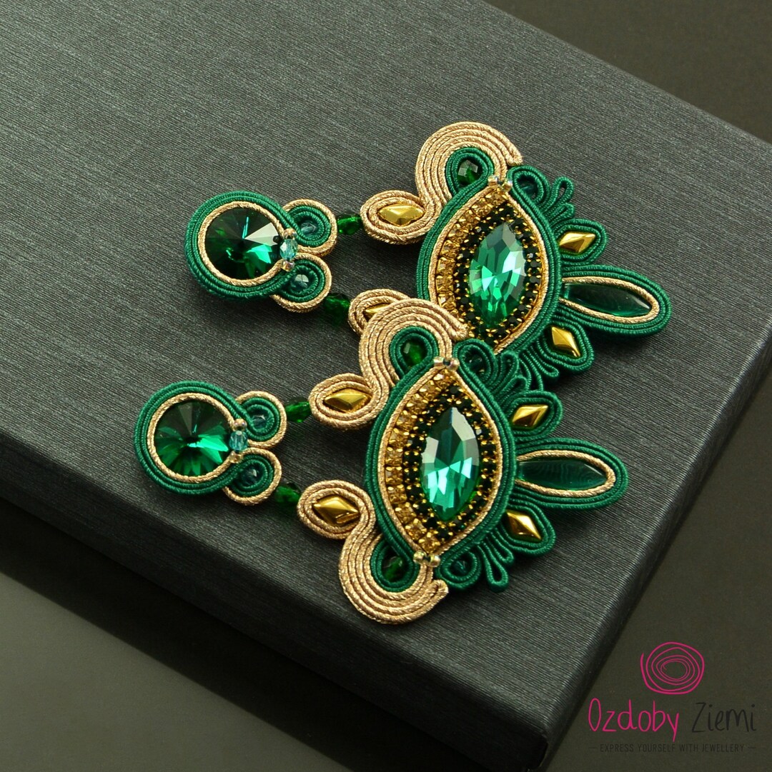 Emerald Green Gold Chandelier Earrings, Green Glossy Soutache Earrings