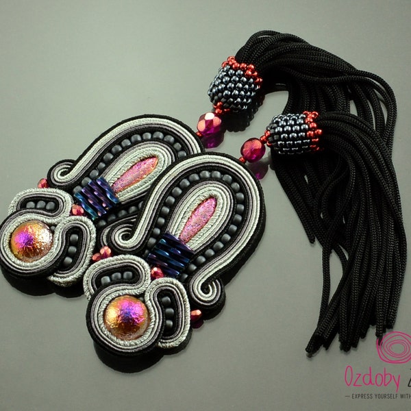 Long black pink soutache earrings with tassel, big colorful soutache earrings, very long eye-catching earrings pink black gray boho earrings