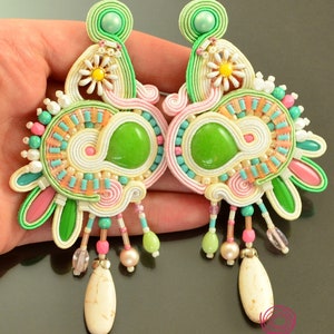 Big pastel statement earrings, creamy green and pink earrings, oversized pastel earrings, chandelier soutache earrings, extravagant earrings