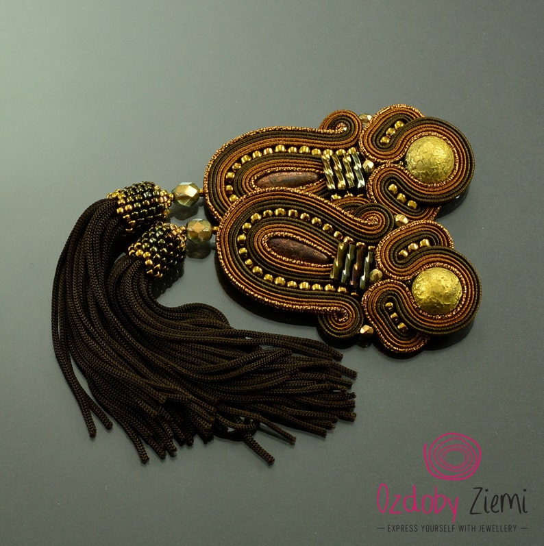 Bollywood brown and gold tassel earrings, long soutache earrings with brown tassels, big boho earrings, large gipsy brown earrings image 2