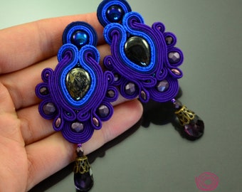 Spring earrings, blue purple earrings, purple blue soutache earrings, crystal long chandelier earrings, shine dangle earrings, glow earrings