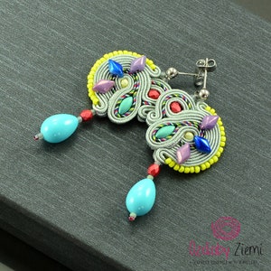 Mid size colorful dangle earrings, coloful soutache earrings, funky earrings, gray blue stud earrings, rainbow earrings with blue drop
