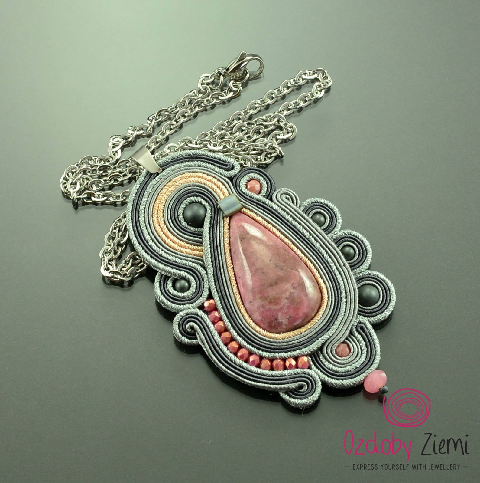 Gray Pink Rhodonite Soutache Necklace, Pink Gemstone Necklace, Handmade ...