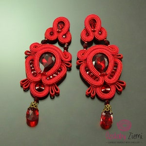 Red chandelier earrings for bride, red soutache earrings, long shiny earrings, romantic earrings, clip-on earrings, glow crystal earrings