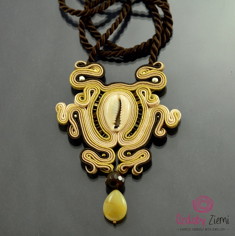 gold jade necklace necklace with shell long beige pendant brown gold necklace delicate bohemian necklace Beige gold soutache necklace