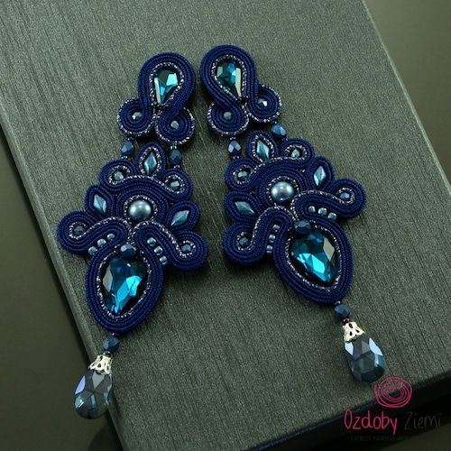 Gorgeous boho navy blue chandelier earrings, navy blue glow earrings, navy shops blue long crystal earrings, navy blue dangle soutache earrings