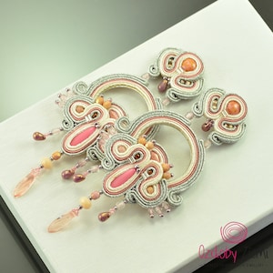 Pink silver boho earrings for bride, bridal soutache earrings, bridesmaid earrings, large pink bridal earrings, big long bridal earrings