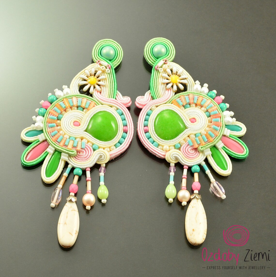 Big pastel statement earrings creamy green and pink earrings Etsy