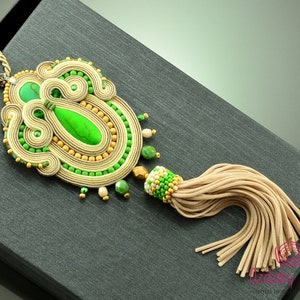 Boho beige green tassel necklace, long fringe necklace, beige green fringe necklace, soutache necklace with tassels, long tassel necklace