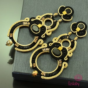 Valentine&#39;s Gift, Black gold sparking soutache earrings, big golden black hoop earrings, long statement earrings, hoop earrings