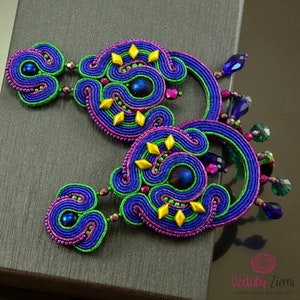 Sapphire purple and green big earrings, sparkling soutache earrings, long big dangle earrings, large glossy hoop earrings with dangle drops