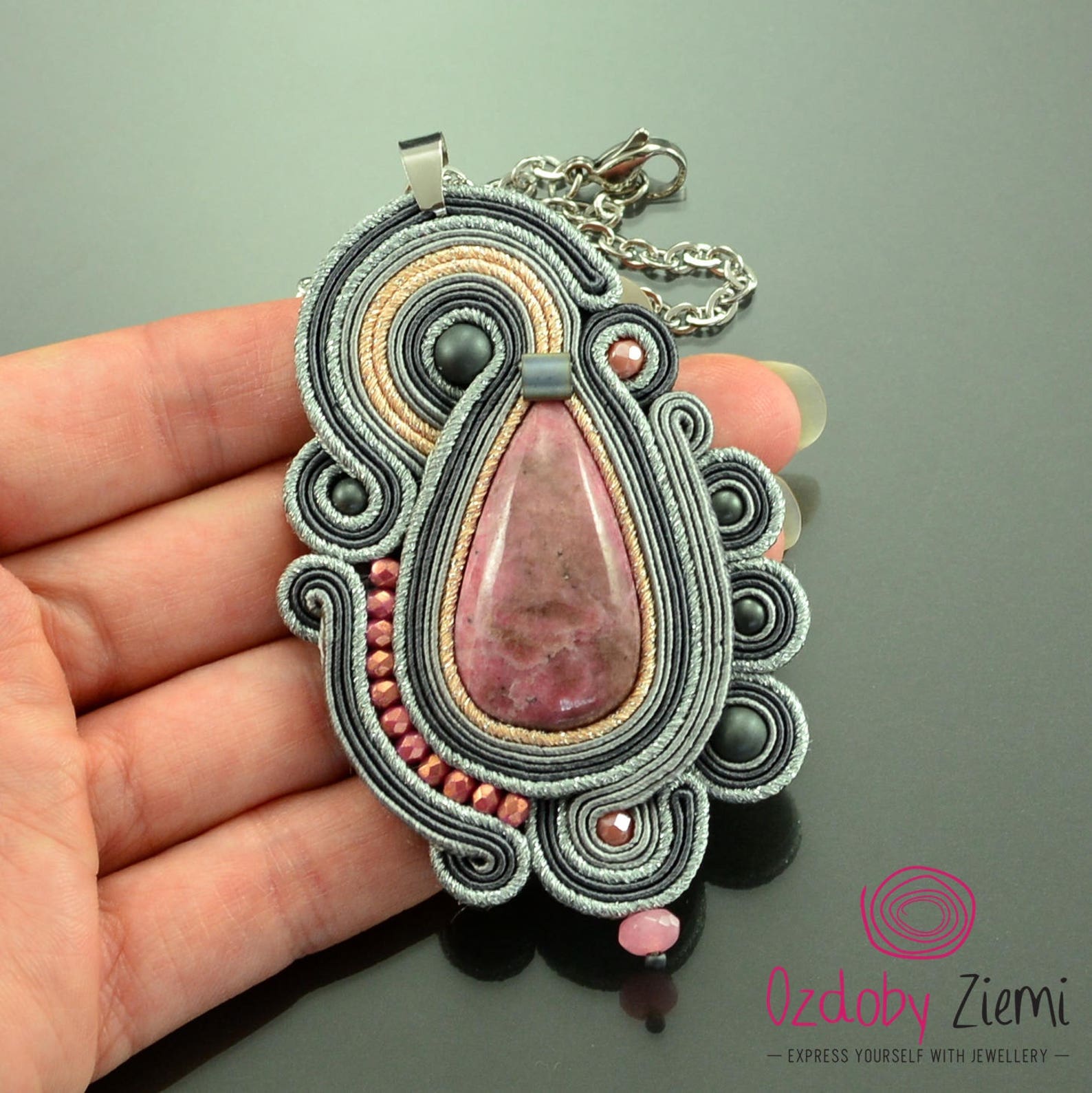 Gray Pink Rhodonite Soutache Necklace, Pink Gemstone Necklace, Handmade ...