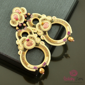 Beige pink statement earrings, big soutache earrings for bride, oversized hoop earrings, beige gold earrings, long beige bridal earrings