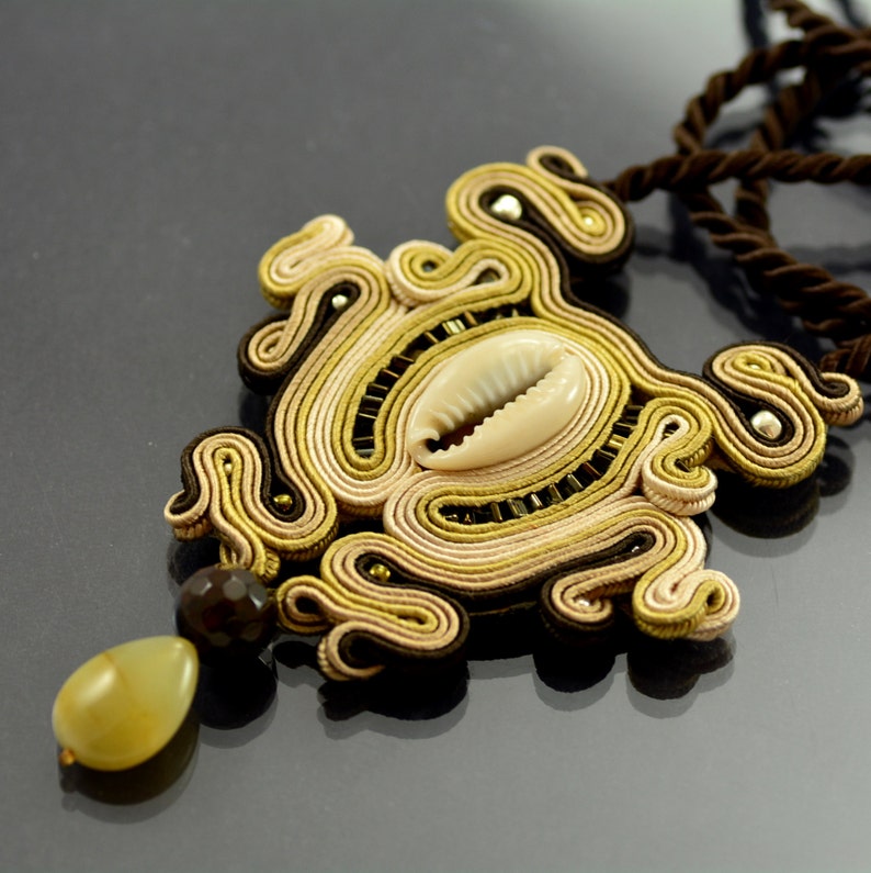 gold jade necklace necklace with shell long beige pendant brown gold necklace delicate bohemian necklace Beige gold soutache necklace
