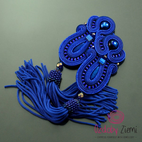 Sapphire tassel earrings, soutache earrings, long tassel earrings, extra long navy blue fringe earrings, unique earrings, statement earrings