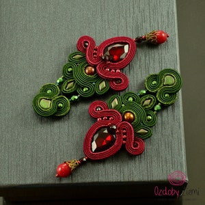 Gorgeous olive green and maroon soutache earrings, long green statement earrings, big maron earrings for the evening, chandelier earrings