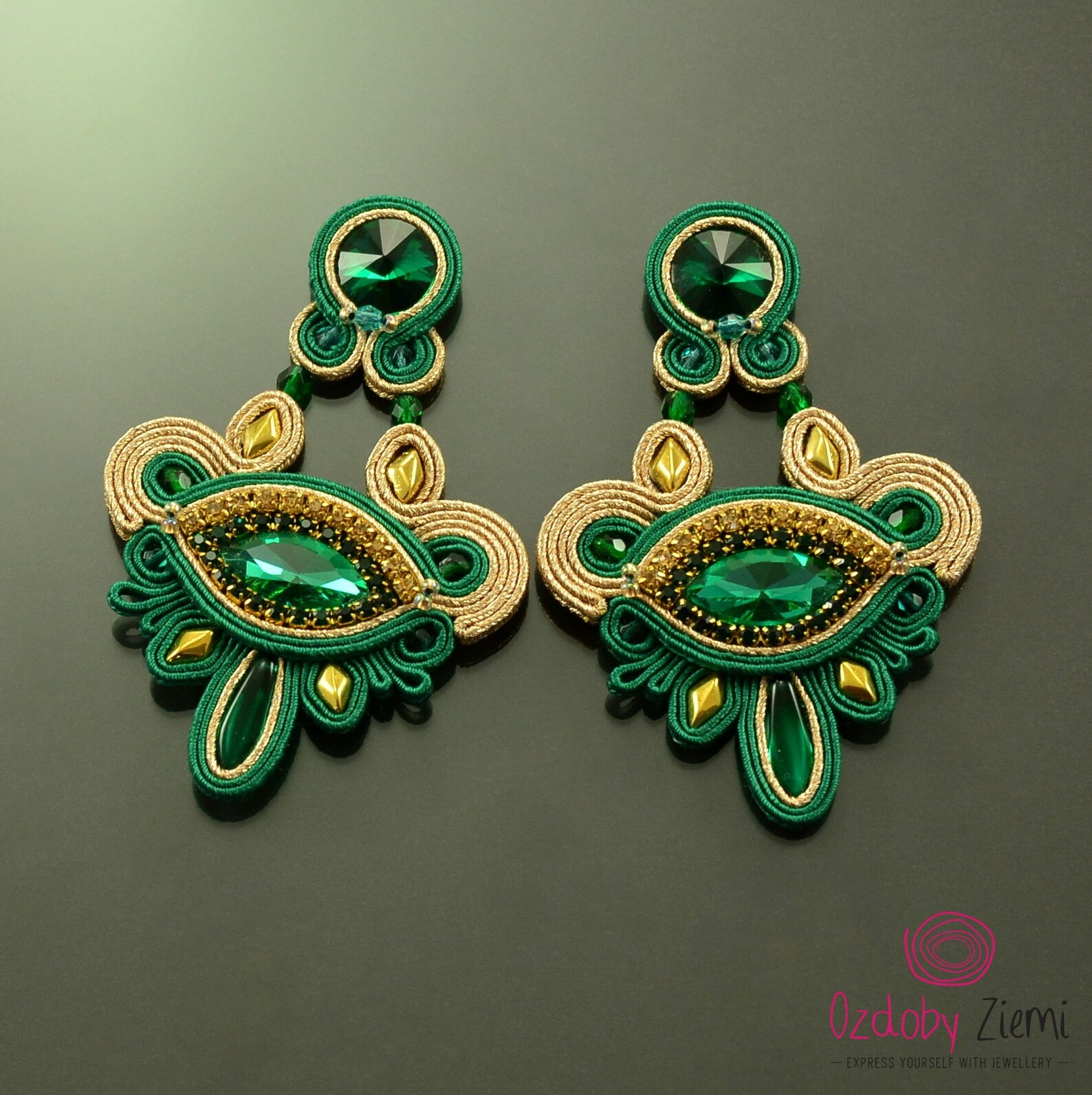 Emerald Green Gold Chandelier Earrings Green Glossy Soutache Etsy