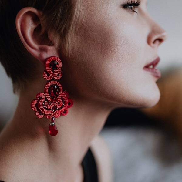 Red chandelier earrings red soutache earrings large shiny earrings red romantic earrings clip on earrings bridal earrings orecchini soutache
