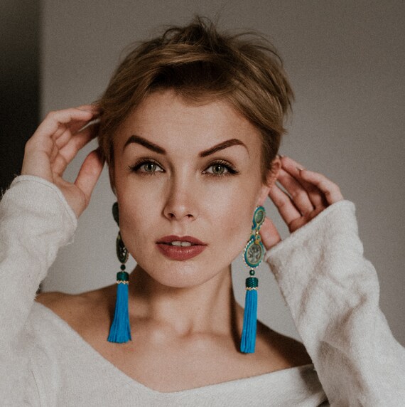 Green Gold Tassel Earrings Long Turquoise Tassel Big Unique Etsy