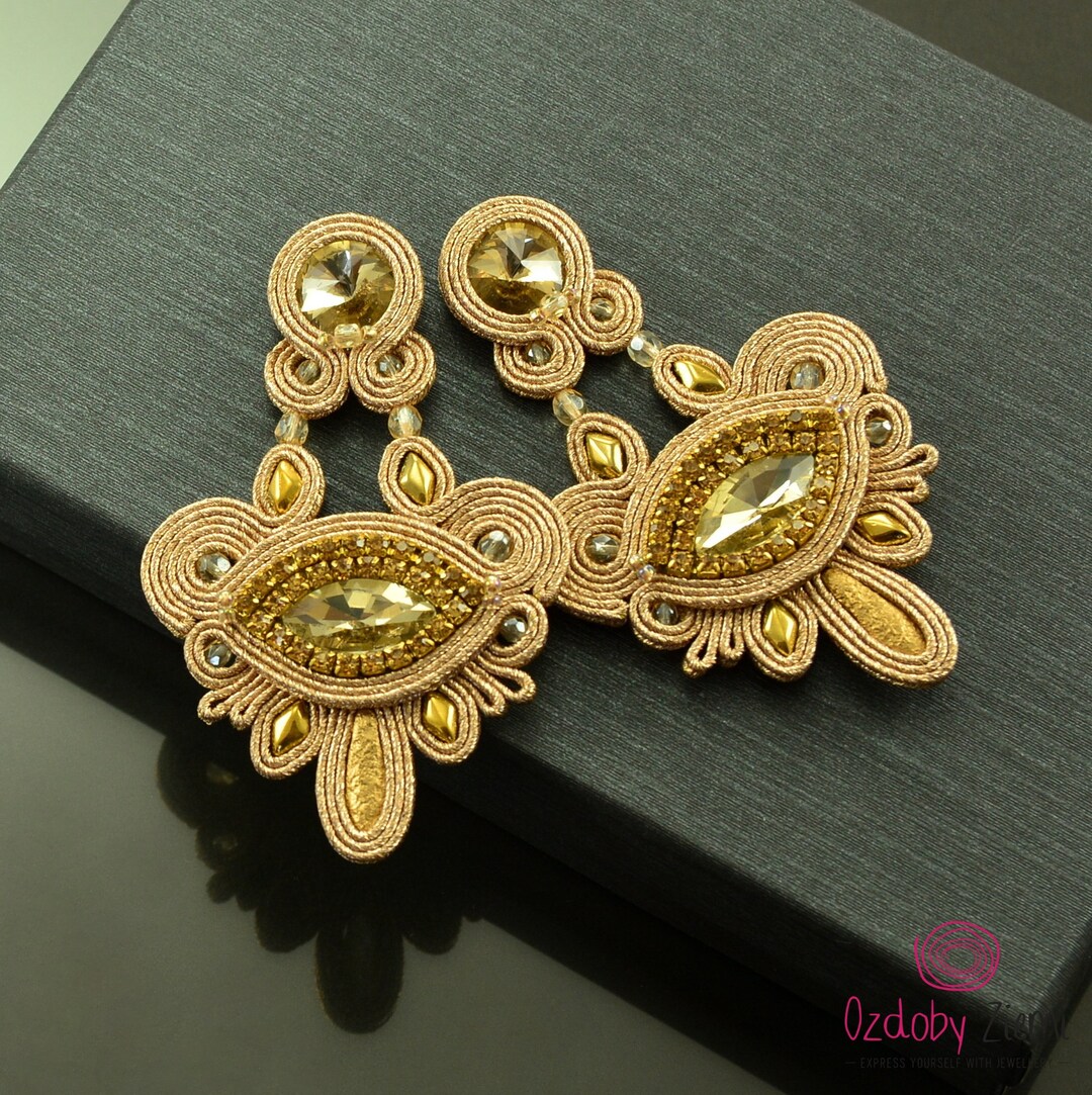 Brincos de soutache de lustre dourado, brincos boho de noiva para ...