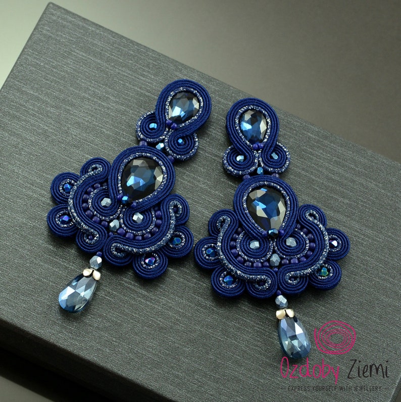 Long navy chandelier earrings navy blue soutache earrings Etsy