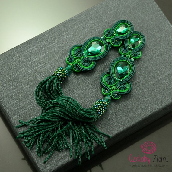 Green tassel earrings Emerald II greenery soutache earrings | Etsy