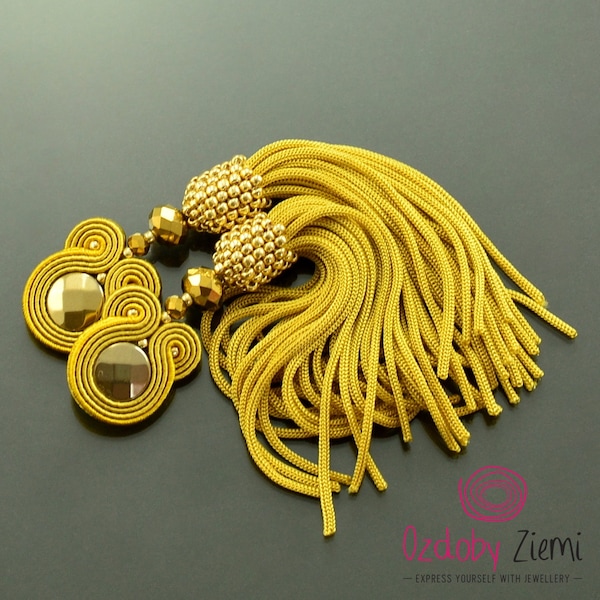 Golden gemstone tassel earrings, gold boho soutache earrings, gold hematite stud earrings, gold gipsy tassel earrings, long bohemian earring