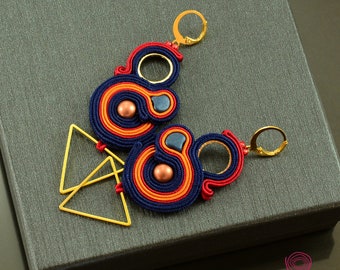 colorful soutache earrings, geometric navy blue orange red earrings, chandelier earrings, long gold navy earrings, navy statement earrings