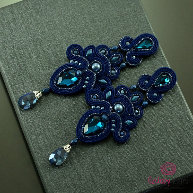 Gorgeous boho navy blue chandelier earrings, navy blue glow earrings, navy shops blue long crystal earrings, navy blue dangle soutache earrings